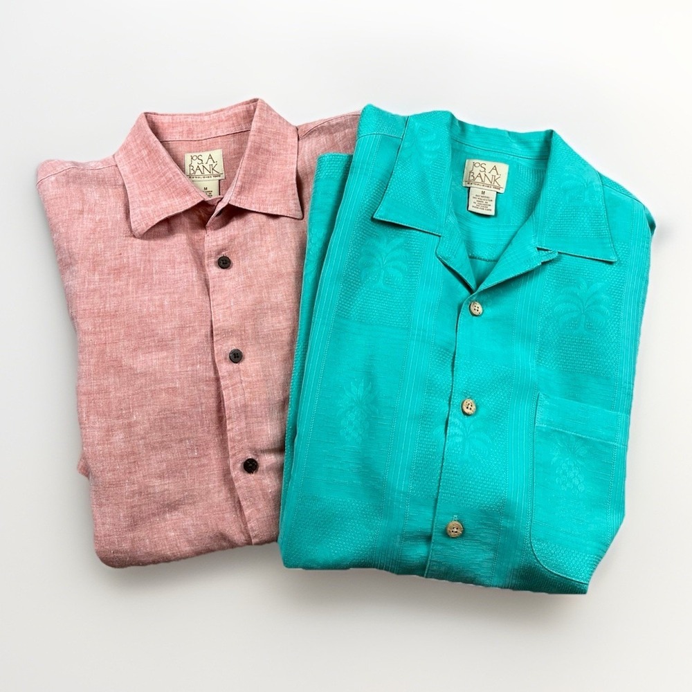 Jos A Bank Shirt Men's Medium Linen & Modal Blend Pink & Turquoise Short Sleeve